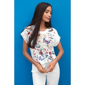 Johnny Was Mariposa Cotton Tee White Butterfly Floral Embroidered Shirt Top NEW